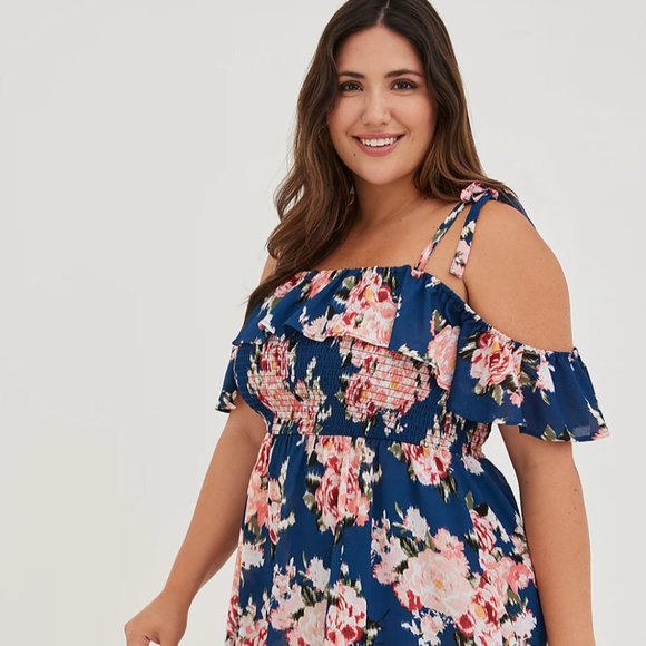 New Torrid Ruffle Lace Trim Swim Coverup Dress - Ikat Floral Blue 4X 5X - Picture 4 of 4